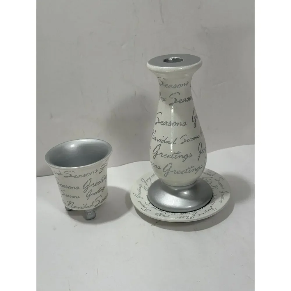3 Piece Set Candle Holder Cup And‎ Plate Writing Seasons Greetings White Ceramic